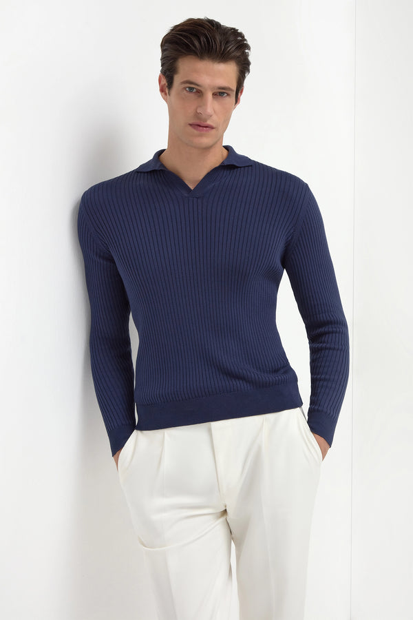 Polo à manches longues côtelé fin bleu - Made in Italy