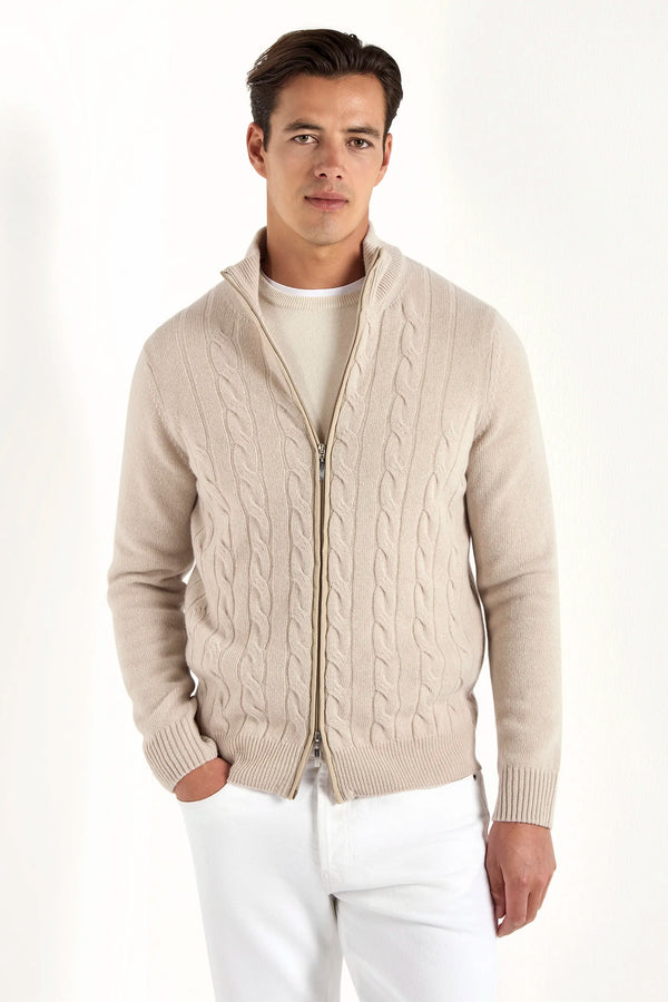beige cable knit full zip, men's cashmere full zip, italian knit full zip, beige cashmere zip sweater, luxury men's full zip, elegant men's knitwear, refined cable knit full zip, tailored beige full zip, premium italian full zip, sophisticated men's zip sweater, timeless italian knitwear, upscale men's full zip, classic beige zip sweater, italian craftsmanship knitwear, premium men's cashmere zip, refined italian cable knit full zip