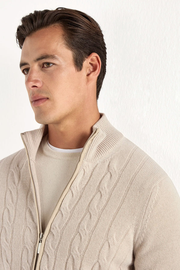 beige cable knit full zip, men's cashmere full zip, italian knit full zip, beige cashmere zip sweater, luxury men's full zip, elegant men's knitwear, refined cable knit full zip, tailored beige full zip, premium italian full zip, sophisticated men's zip sweater, timeless italian knitwear, upscale men's full zip, classic beige zip sweater, italian craftsmanship knitwear, premium men's cashmere zip, refined italian cable knit full zip