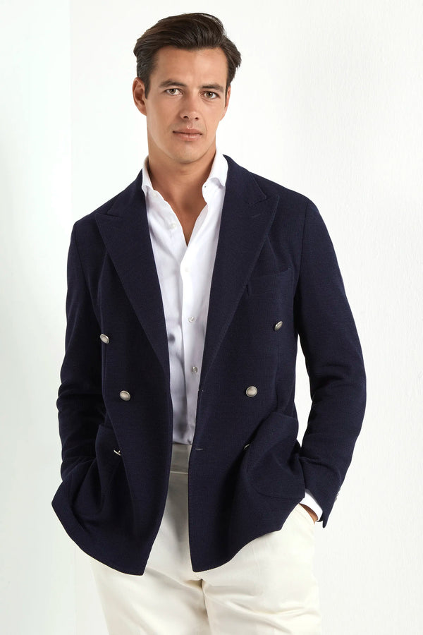 blue jersey jacket, men's double breasted jacket, italian jersey jacket, blue jersey blazer, luxury men's jacket, elegant men's blazer, refined jersey jacket, tailored blue jacket, premium italian jacket, sophisticated men's blazer, timeless italian jacket, upscale men's blazer, classic blue jersey jacket, italian craftsmanship blazer, premium men's jersey blazer, refined italian double breasted jacket