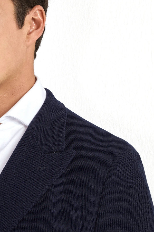 blue jersey jacket, men's double breasted jacket, italian jersey jacket, blue jersey blazer, luxury men's jacket, elegant men's blazer, refined jersey jacket, tailored blue jacket, premium italian jacket, sophisticated men's blazer, timeless italian jacket, upscale men's blazer, classic blue jersey jacket, italian craftsmanship blazer, premium men's jersey blazer, refined italian double breasted jacket