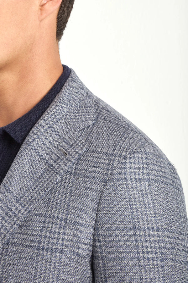 dusty blue prince of wales jacket, men's prince of wales jacket, italian wool jacket, blue patterned jacket, luxury men's jacket, elegant men's blazer, refined prince of wales jacket, tailored dusty blue jacket, premium italian jacket, sophisticated men's blazer, timeless italian jacket, upscale men's blazer, classic prince of wales jacket, italian craftsmanship blazer, premium men's wool blazer, refined italian jacket