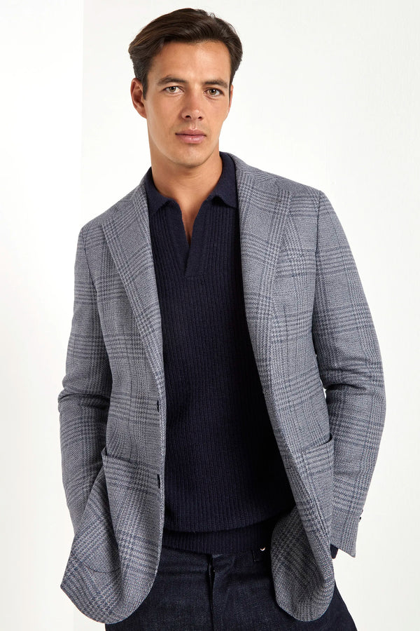 dusty blue prince of wales jacket, men's prince of wales jacket, italian wool jacket, blue patterned jacket, luxury men's jacket, elegant men's blazer, refined prince of wales jacket, tailored dusty blue jacket, premium italian jacket, sophisticated men's blazer, timeless italian jacket, upscale men's blazer, classic prince of wales jacket, italian craftsmanship blazer, premium men's wool blazer, refined italian jacket