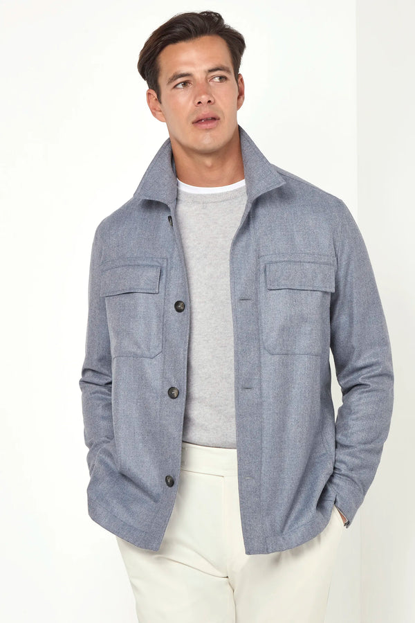 dusty blue shirt jacket, men's wool cashmere jacket, italian shirt jacket, blue overshirt jacket, luxury men's jacket, elegant men's overshirt, refined shirt jacket, tailored blue jacket, premium italian jacket, sophisticated men's overshirt, timeless italian jacket, upscale men's overshirt, classic blue jacket, italian craftsmanship jacket, premium men's wool cashmere jacket, refined italian shirt jacket