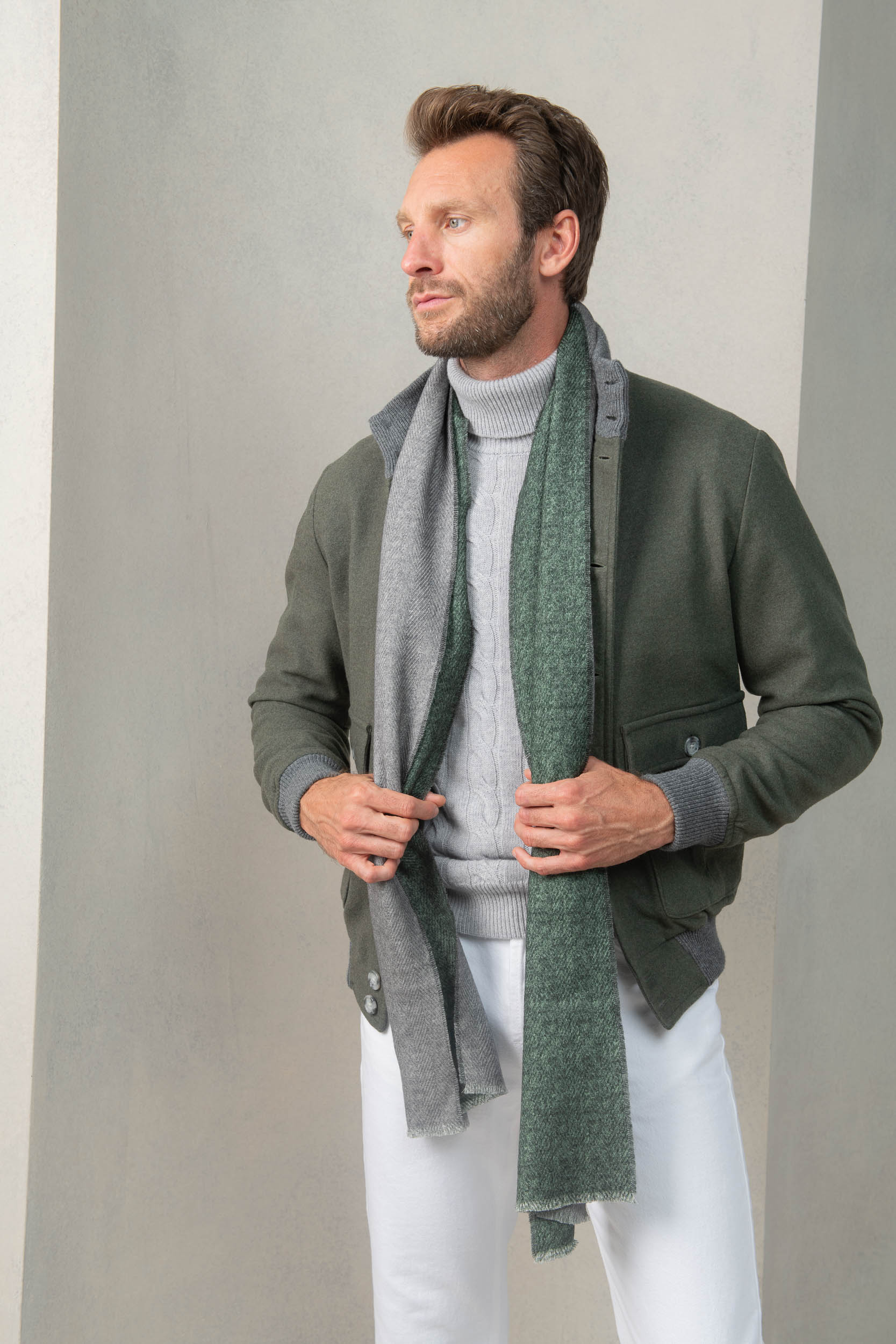 Grey and green reversible herringbone scarf - Made in Italy