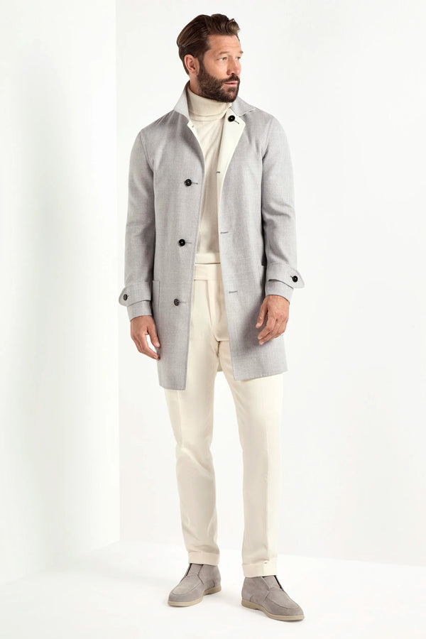 light grey reversible coat, men's reversible coat, italian wool coat, grey and white coat, luxury men's overcoat, elegant men's coat, refined reversible coat, tailored grey coat, premium italian coat, sophisticated men's outerwear, timeless italian overcoat, upscale men's coat, classic reversible overcoat, italian craftsmanship coat, premium men's wool coat, refined italian overcoat