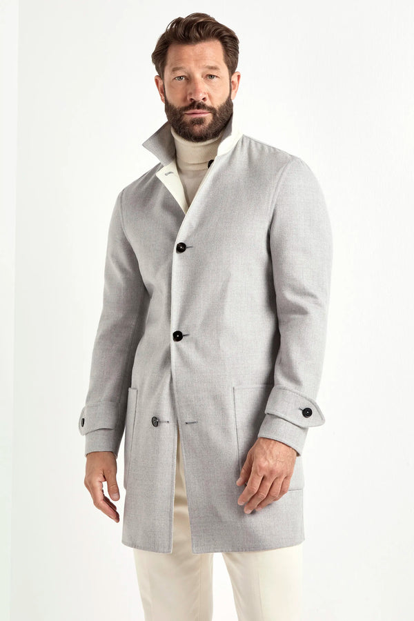 light grey reversible coat, men's reversible coat, italian wool coat, grey and white coat, luxury men's overcoat, elegant men's coat, refined reversible coat, tailored grey coat, premium italian coat, sophisticated men's outerwear, timeless italian overcoat, upscale men's coat, classic reversible overcoat, italian craftsmanship coat, premium men's wool coat, refined italian overcoat