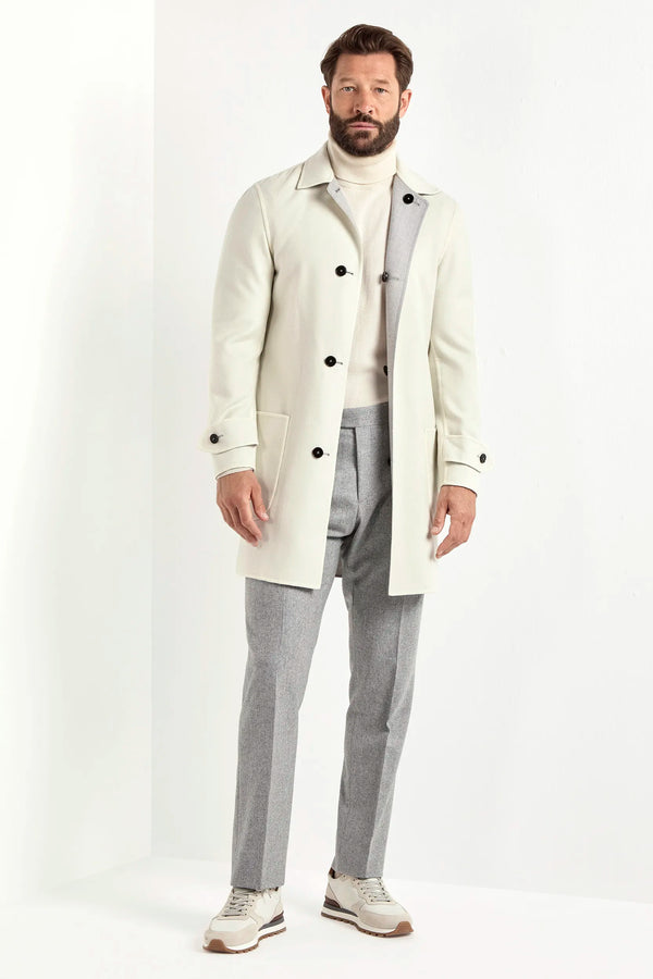 light grey reversible coat, men's reversible coat, italian wool coat, grey and white coat, luxury men's overcoat, elegant men's coat, refined reversible coat, tailored grey coat, premium italian coat, sophisticated men's outerwear, timeless italian overcoat, upscale men's coat, classic reversible overcoat, italian craftsmanship coat, premium men's wool coat, refined italian overcoat