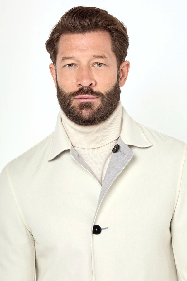 light grey reversible coat, men's reversible coat, italian wool coat, grey and white coat, luxury men's overcoat, elegant men's coat, refined reversible coat, tailored grey coat, premium italian coat, sophisticated men's outerwear, timeless italian overcoat, upscale men's coat, classic reversible overcoat, italian craftsmanship coat, premium men's wool coat, refined italian overcoat
