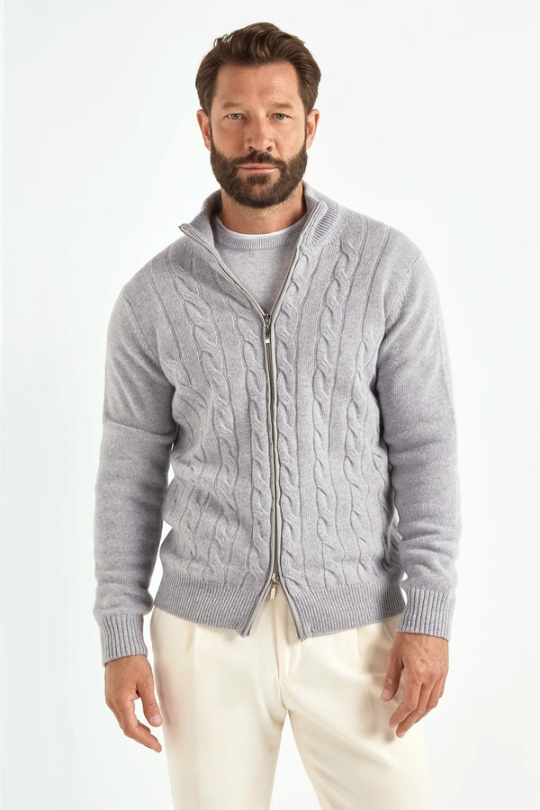 light grey cable knit full zip, men's cashmere full zip, italian knit full zip, light grey cashmere zip sweater, luxury men's full zip, elegant men's knitwear, refined cable knit full zip, tailored light grey full zip, premium italian full zip, sophisticated men's zip sweater, timeless italian knitwear, upscale men's full zip, classic light grey zip sweater, italian craftsmanship knitwear, premium men's cashmere zip, refined italian cable knit full zip