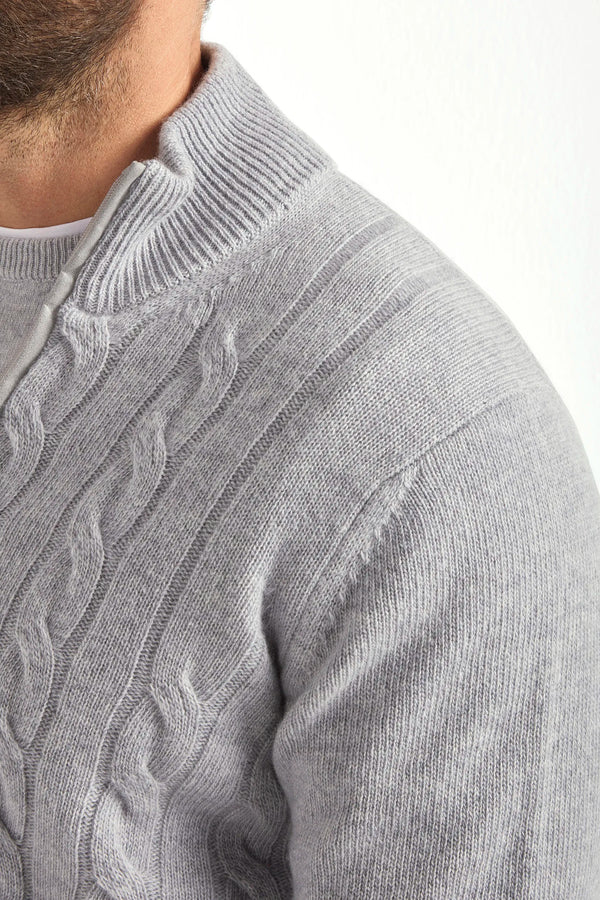 light grey cable knit full zip, men's cashmere full zip, italian knit full zip, light grey cashmere zip sweater, luxury men's full zip, elegant men's knitwear, refined cable knit full zip, tailored light grey full zip, premium italian full zip, sophisticated men's zip sweater, timeless italian knitwear, upscale men's full zip, classic light grey zip sweater, italian craftsmanship knitwear, premium men's cashmere zip, refined italian cable knit full zip