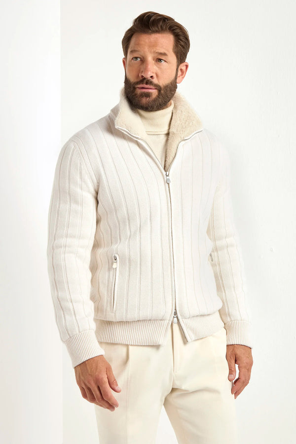 off white cashmere bomber, men's ribbed bomber, italian cashmere jacket, off white bomber jacket, luxury men's bomber, elegant men's knitwear, refined ribbed bomber, tailored off white bomber, premium italian bomber, sophisticated men's jacket, timeless italian bomber, upscale men's outerwear, classic off white jacket, italian craftsmanship bomber, premium men's cashmere bomber, refined italian bomber jacket