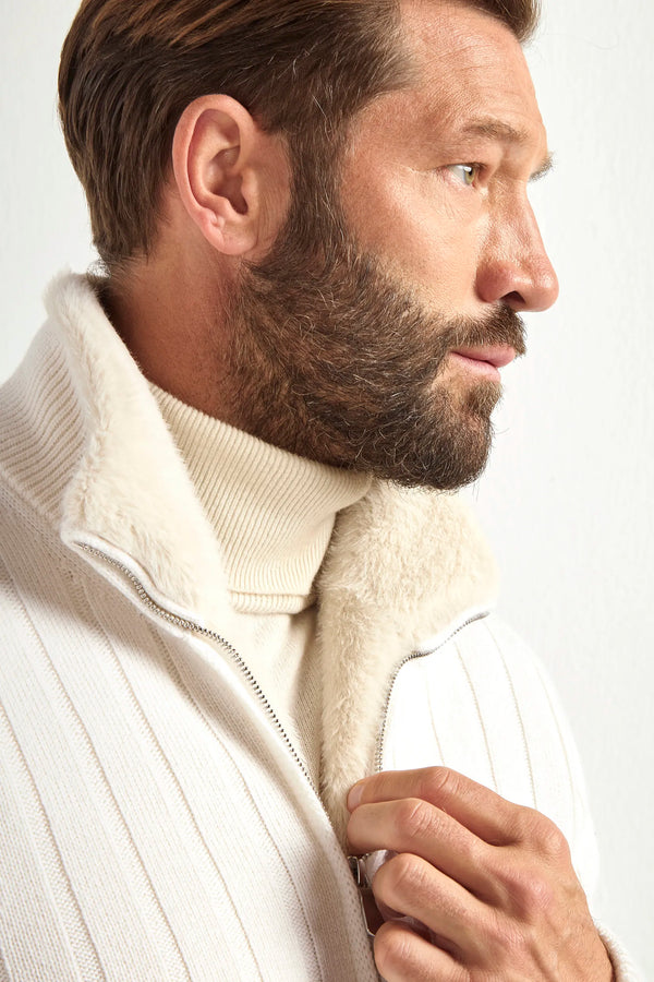 off white cashmere bomber, men's ribbed bomber, italian cashmere jacket, off white bomber jacket, luxury men's bomber, elegant men's knitwear, refined ribbed bomber, tailored off white bomber, premium italian bomber, sophisticated men's jacket, timeless italian bomber, upscale men's outerwear, classic off white jacket, italian craftsmanship bomber, premium men's cashmere bomber, refined italian bomber jacket