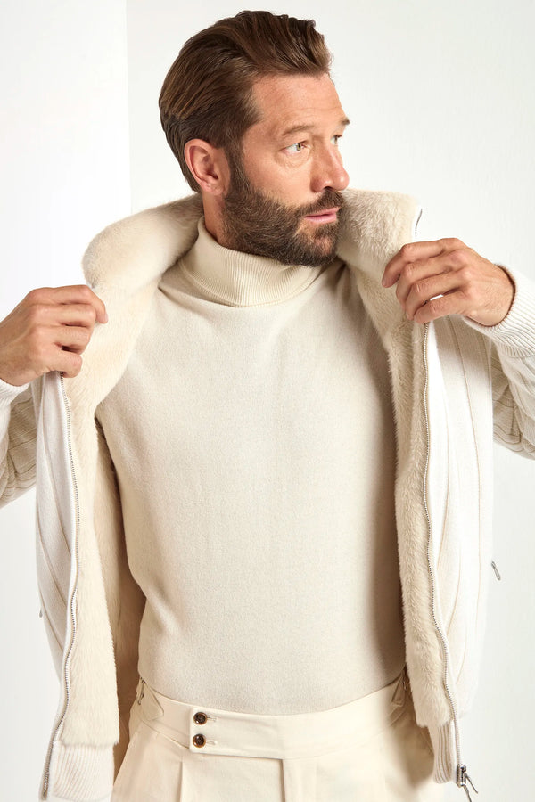 off white cashmere bomber, men's ribbed bomber, italian cashmere jacket, off white bomber jacket, luxury men's bomber, elegant men's knitwear, refined ribbed bomber, tailored off white bomber, premium italian bomber, sophisticated men's jacket, timeless italian bomber, upscale men's outerwear, classic off white jacket, italian craftsmanship bomber, premium men's cashmere bomber, refined italian bomber jacket