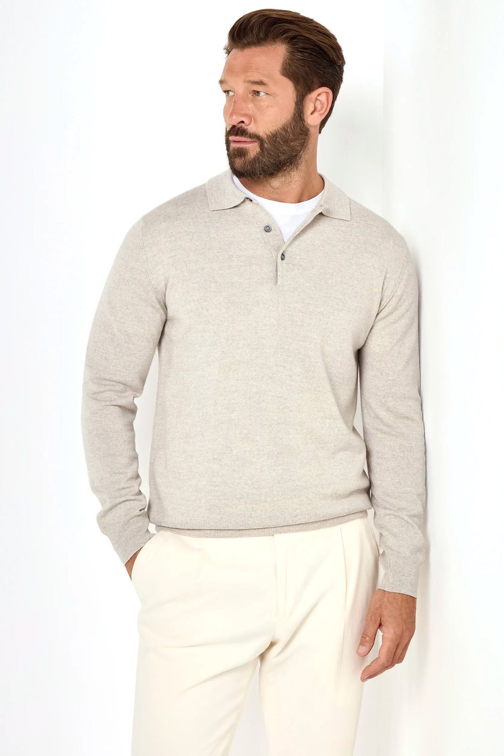 greige merino wool polo, italian style, made in italy, lightweight merino polo, 100% merino wool polo, luxury knit polo, elegant merino shirt, refined menswear polo, premium italian knitwear, smart casual polo, versatile layering polo, fine merino polo, tailored merino polo, breathable wool polo, soft merino knit polo, upscale polo shirt, italian craftsmanship polo, polished knit polo, classic greige merino polo, timeless italian knit