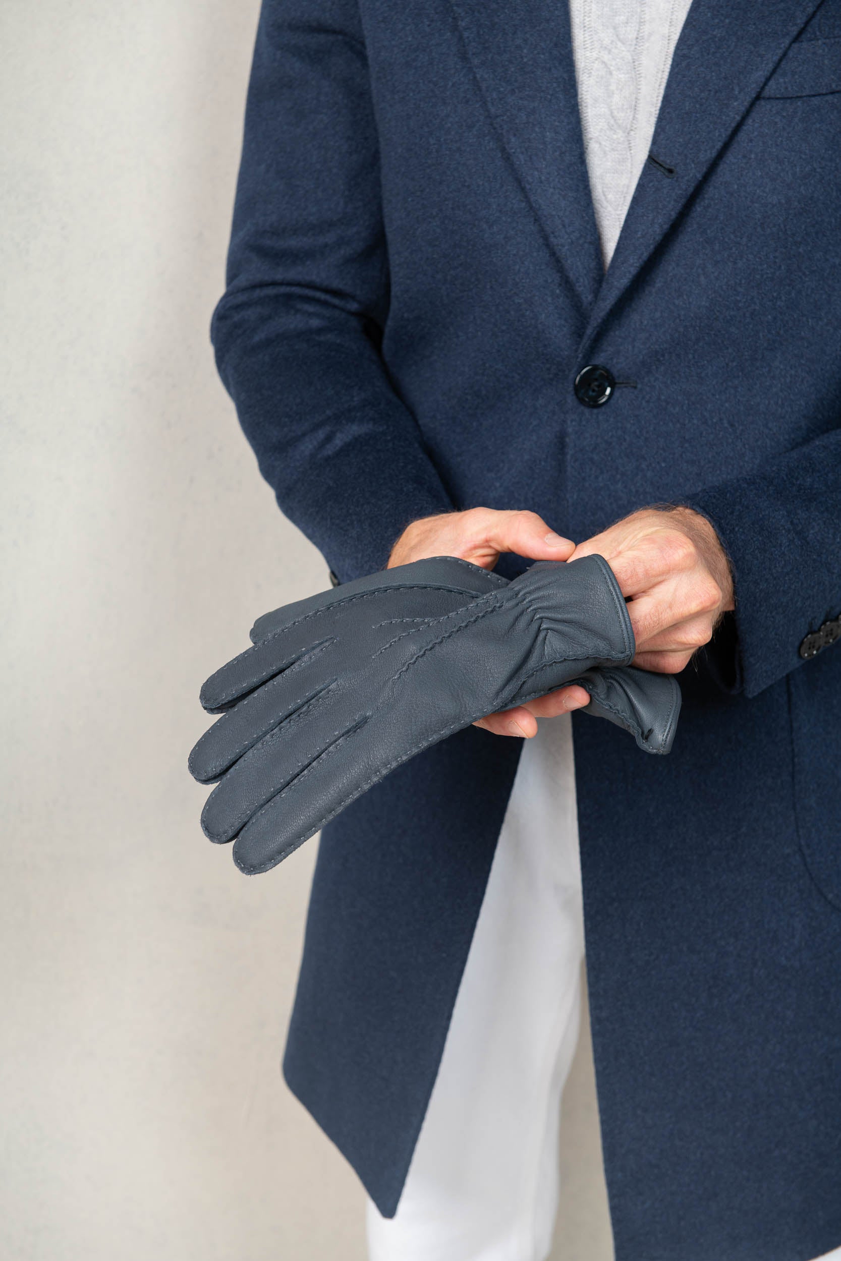 Dusty blue Cashmere Lined Deerskin Leather Gloves - Made in Italy