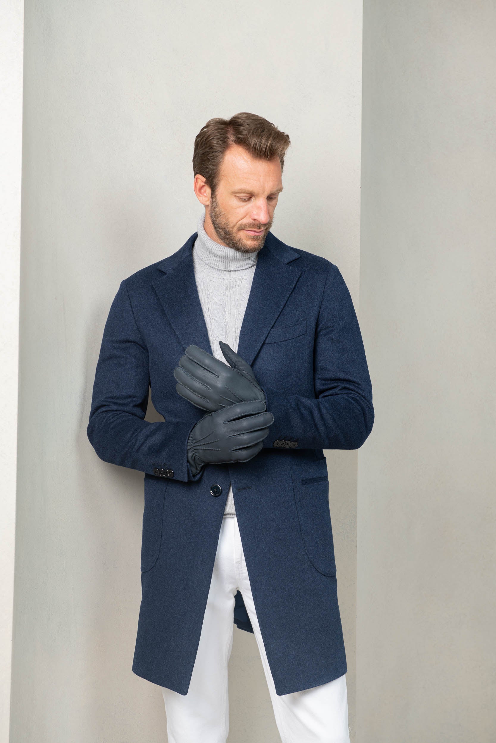 Dusty blue Cashmere Lined Deerskin Leather Gloves - Made in Italy