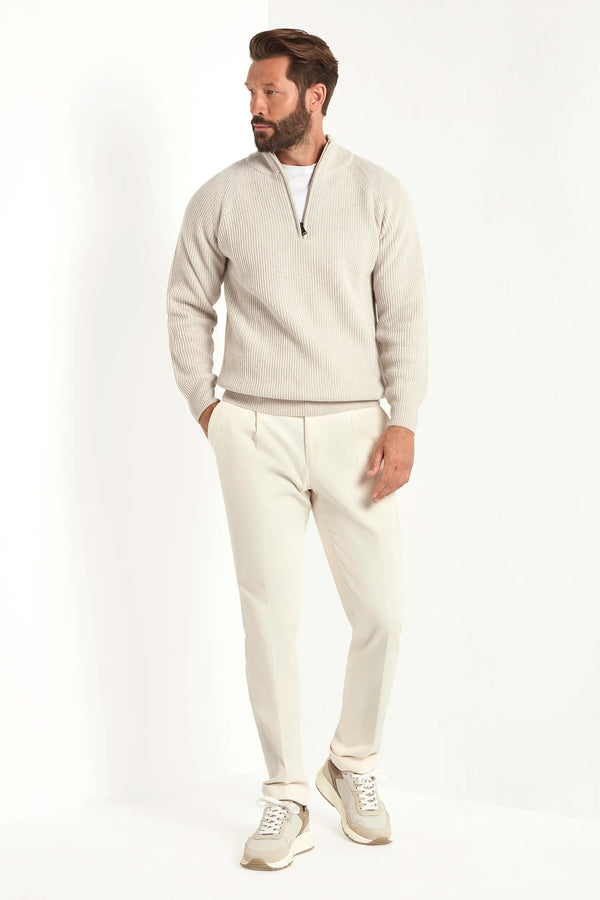 sand ribbed half zip, men's cashmere half zip, italian knit half zip, sand cashmere zip sweater, luxury men's half zip, elegant men's knitwear, refined ribbed half zip, tailored sand half zip, premium italian half zip, sophisticated men's zip sweater, timeless italian knitwear, upscale men's half zip, classic sand zip sweater, italian craftsmanship knitwear, premium men's cashmere zip, refined italian ribbed half zip