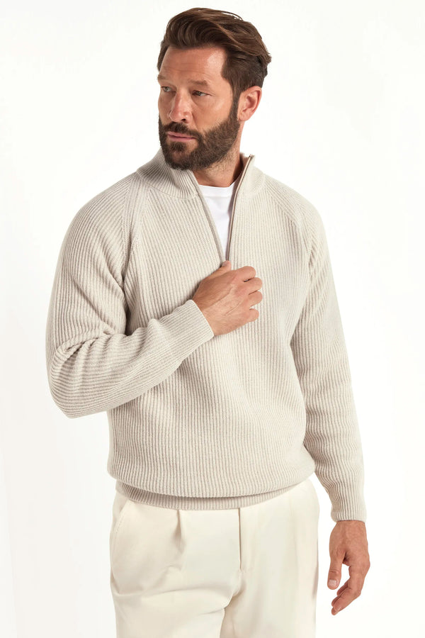 sand ribbed half zip, men's cashmere half zip, italian knit half zip, sand cashmere zip sweater, luxury men's half zip, elegant men's knitwear, refined ribbed half zip, tailored sand half zip, premium italian half zip, sophisticated men's zip sweater, timeless italian knitwear, upscale men's half zip, classic sand zip sweater, italian craftsmanship knitwear, premium men's cashmere zip, refined italian ribbed half zip