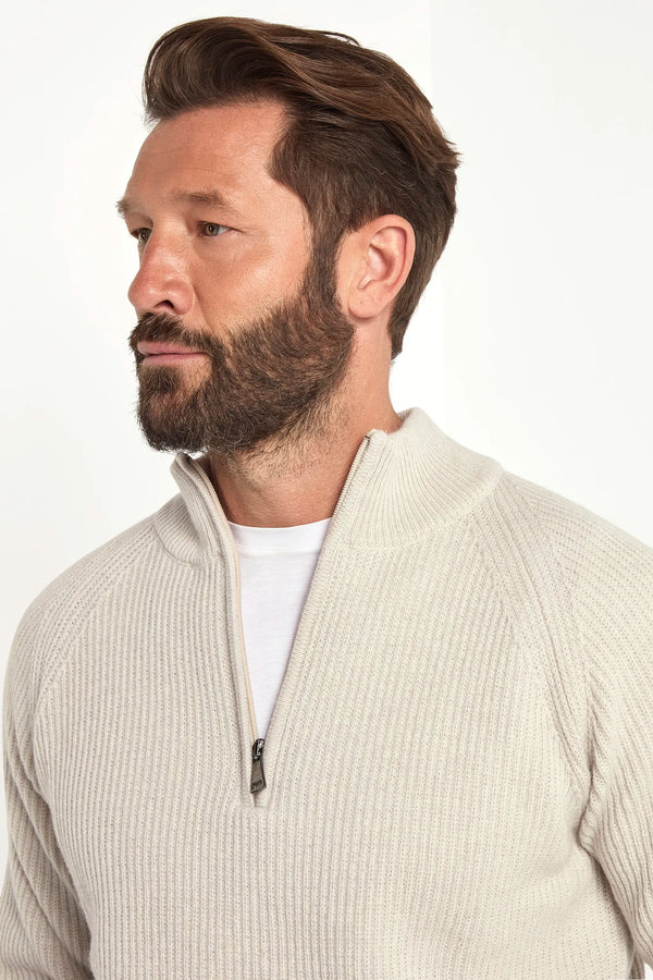 sand ribbed half zip, men's cashmere half zip, italian knit half zip, sand cashmere zip sweater, luxury men's half zip, elegant men's knitwear, refined ribbed half zip, tailored sand half zip, premium italian half zip, sophisticated men's zip sweater, timeless italian knitwear, upscale men's half zip, classic sand zip sweater, italian craftsmanship knitwear, premium men's cashmere zip, refined italian ribbed half zip