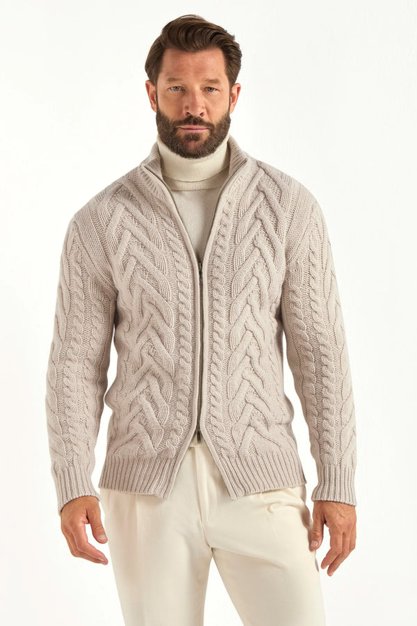 sand jacquard cardigan, men's full zip cardigan, italian knit cardigan, sand zip cardigan, luxury men's cardigan, elegant men's knitwear, refined jacquard cardigan, tailored sand cardigan, premium italian cardigan, sophisticated men's zip sweater, timeless italian knitwear, upscale men's cardigan, classic sand knitwear, italian craftsmanship cardigan, premium men's full zip, refined italian zip cardigan