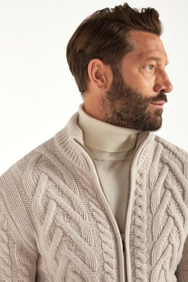 sand jacquard cardigan, men's full zip cardigan, italian knit cardigan, sand zip cardigan, luxury men's cardigan, elegant men's knitwear, refined jacquard cardigan, tailored sand cardigan, premium italian cardigan, sophisticated men's zip sweater, timeless italian knitwear, upscale men's cardigan, classic sand knitwear, italian craftsmanship cardigan, premium men's full zip, refined italian zip cardigan