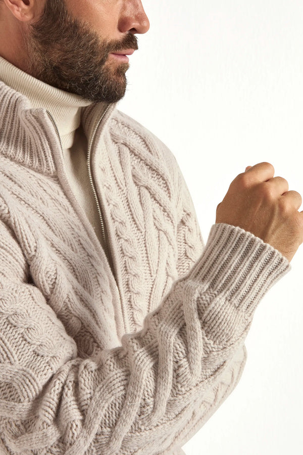 sand jacquard cardigan, men's full zip cardigan, italian knit cardigan, sand zip cardigan, luxury men's cardigan, elegant men's knitwear, refined jacquard cardigan, tailored sand cardigan, premium italian cardigan, sophisticated men's zip sweater, timeless italian knitwear, upscale men's cardigan, classic sand knitwear, italian craftsmanship cardigan, premium men's full zip, refined italian zip cardigan