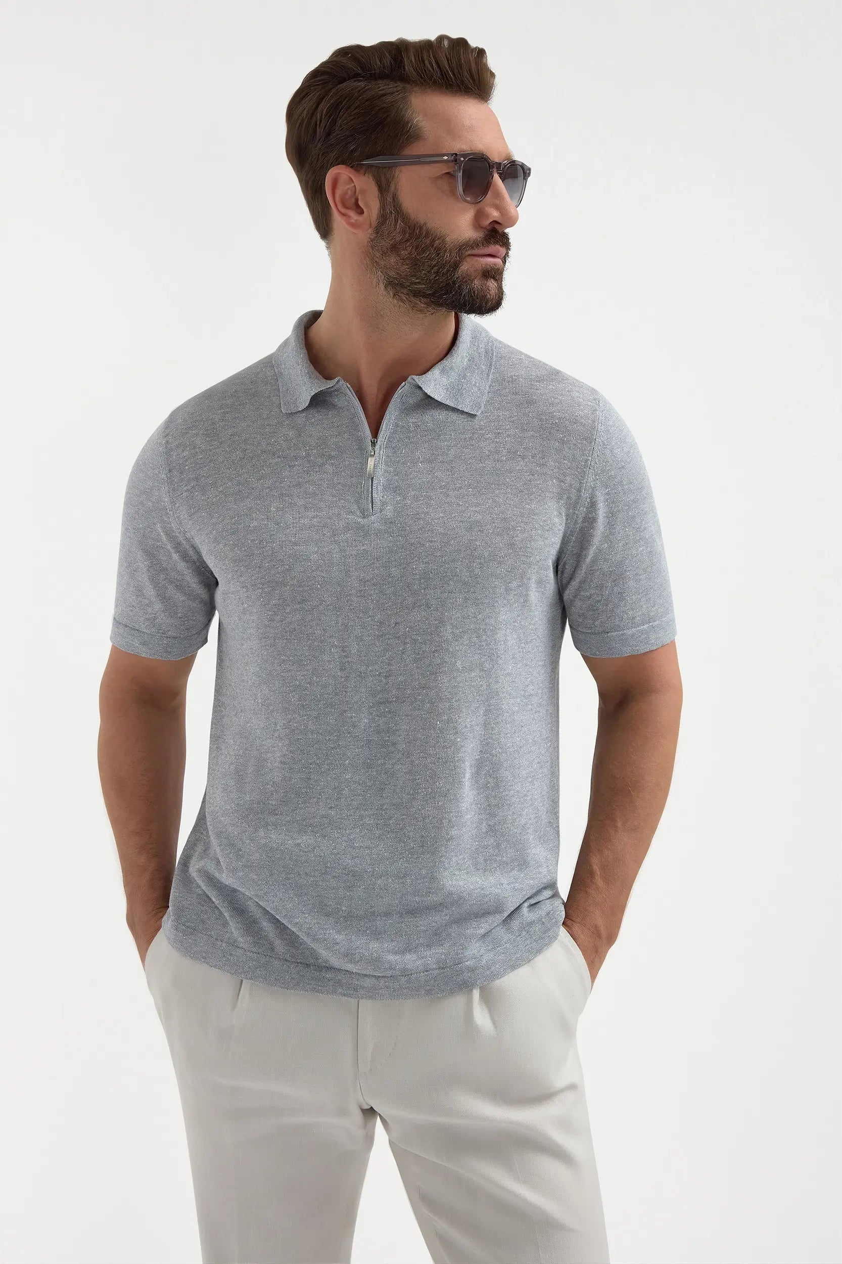 Sky grey linen and cotton zipped polo - Made in Italy