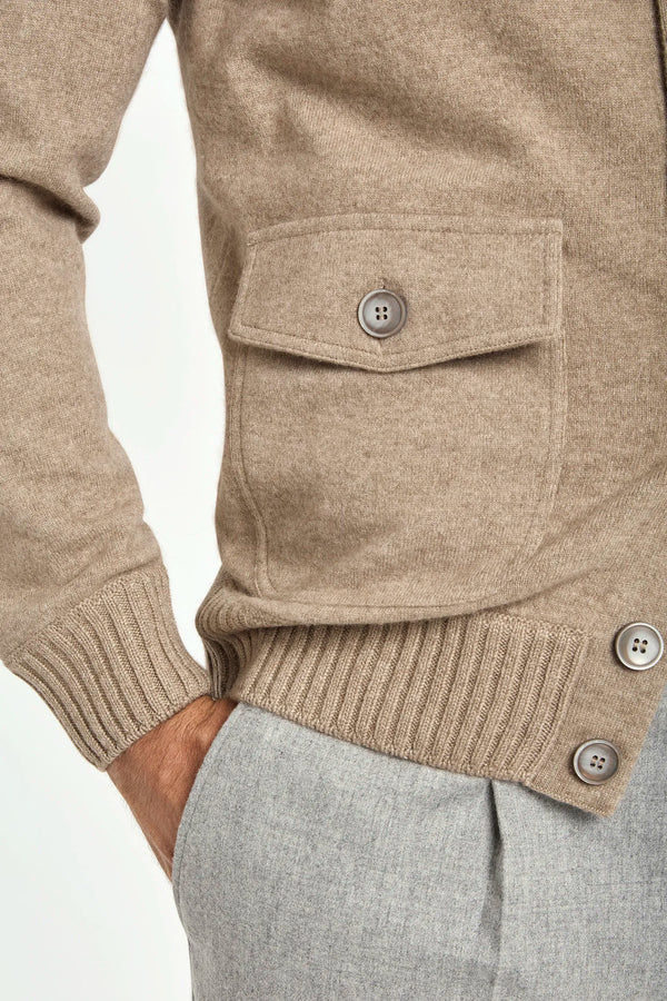taupe cashmere bomber, men's knitted bomber, italian cashmere jacket, taupe knit bomber, luxury men's bomber, elegant men's jacket, refined knitted bomber, tailored taupe bomber, premium italian jacket, sophisticated men's bomber, timeless italian knitwear, upscale men's jacket, classic taupe bomber, italian craftsmanship jacket, premium men's cashmere bomber, refined italian knitted bomber