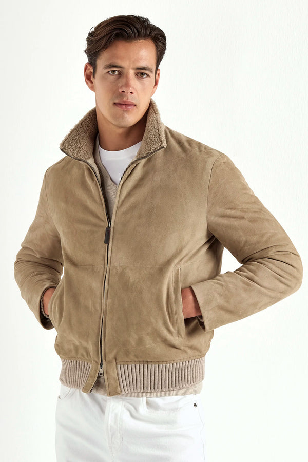 taupe suede bomber, men's suede bomber, italian suede bomber, taupe shearling jacket, luxury men's bomber, elegant men's suede jacket, refined suede bomber, tailored taupe bomber, premium italian bomber, sophisticated men's jacket, timeless suede bomber, upscale men's outerwear, classic taupe bomber, italian craftsmanship jacket, premium men's suede bomber, refined italian shearling bomber