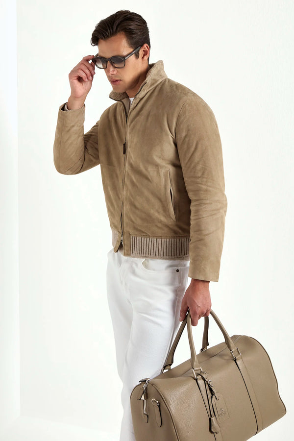 taupe suede bomber, men's suede bomber, italian suede bomber, taupe shearling jacket, luxury men's bomber, elegant men's suede jacket, refined suede bomber, tailored taupe bomber, premium italian bomber, sophisticated men's jacket, timeless suede bomber, upscale men's outerwear, classic taupe bomber, italian craftsmanship jacket, premium men's suede bomber, refined italian shearling bomber