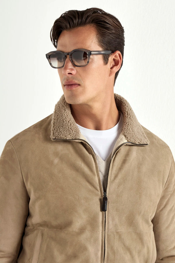 taupe suede bomber, men's suede bomber, italian suede bomber, taupe shearling jacket, luxury men's bomber, elegant men's suede jacket, refined suede bomber, tailored taupe bomber, premium italian bomber, sophisticated men's jacket, timeless suede bomber, upscale men's outerwear, classic taupe bomber, italian craftsmanship jacket, premium men's suede bomber, refined italian shearling bomber