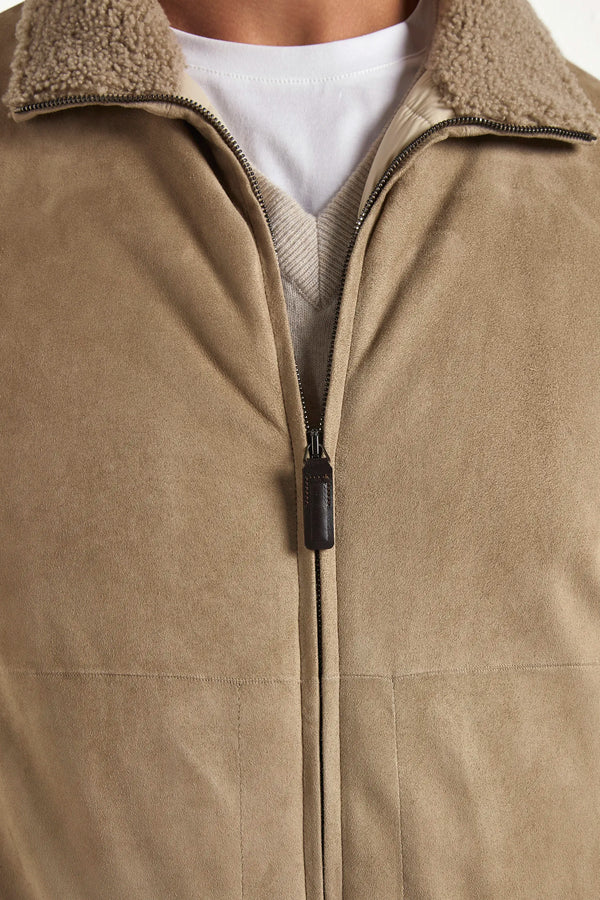 taupe suede bomber, men's suede bomber, italian suede bomber, taupe shearling jacket, luxury men's bomber, elegant men's suede jacket, refined suede bomber, tailored taupe bomber, premium italian bomber, sophisticated men's jacket, timeless suede bomber, upscale men's outerwear, classic taupe bomber, italian craftsmanship jacket, premium men's suede bomber, refined italian shearling bomber
