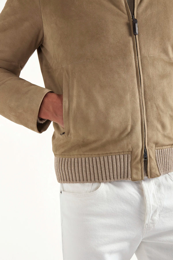 taupe suede bomber, men's suede bomber, italian suede bomber, taupe shearling jacket, luxury men's bomber, elegant men's suede jacket, refined suede bomber, tailored taupe bomber, premium italian bomber, sophisticated men's jacket, timeless suede bomber, upscale men's outerwear, classic taupe bomber, italian craftsmanship jacket, premium men's suede bomber, refined italian shearling bomber