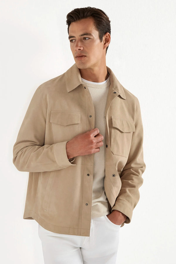 taupe suede shirt jacket, men's suede overshirt, italian suede shirt jacket, taupe suede jacket, luxury men's overshirt, elegant men's suede jacket, refined suede shirt jacket, tailored taupe overshirt, premium italian suede jacket, sophisticated men's overshirt, timeless suede jacket, upscale men's shirt jacket, classic taupe suede jacket, italian craftsmanship overshirt, premium men's suede shirt jacket, refined italian suede overshirt