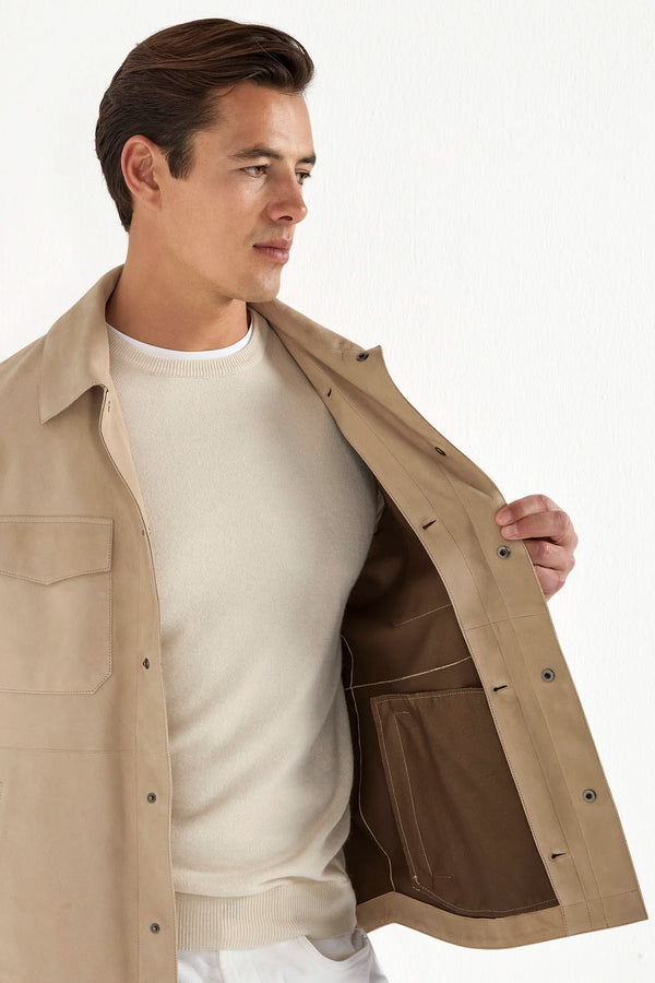 taupe suede shirt jacket, men's suede overshirt, italian suede shirt jacket, taupe suede jacket, luxury men's overshirt, elegant men's suede jacket, refined suede shirt jacket, tailored taupe overshirt, premium italian suede jacket, sophisticated men's overshirt, timeless suede jacket, upscale men's shirt jacket, classic taupe suede jacket, italian craftsmanship overshirt, premium men's suede shirt jacket, refined italian suede overshirt
