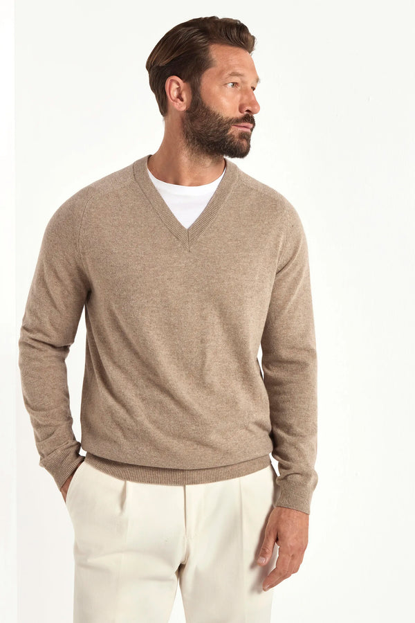 taupe v neck sweater, men's v neck sweater, italian wool sweater, taupe wool v neck, luxury men's sweater, elegant men's sweater, refined v neck sweater, tailored taupe sweater, premium italian sweater, sophisticated men's knitwear, timeless italian sweater, upscale men's sweater, classic taupe v neck, italian craftsmanship sweater, premium men's wool sweater, refined italian v neck sweater