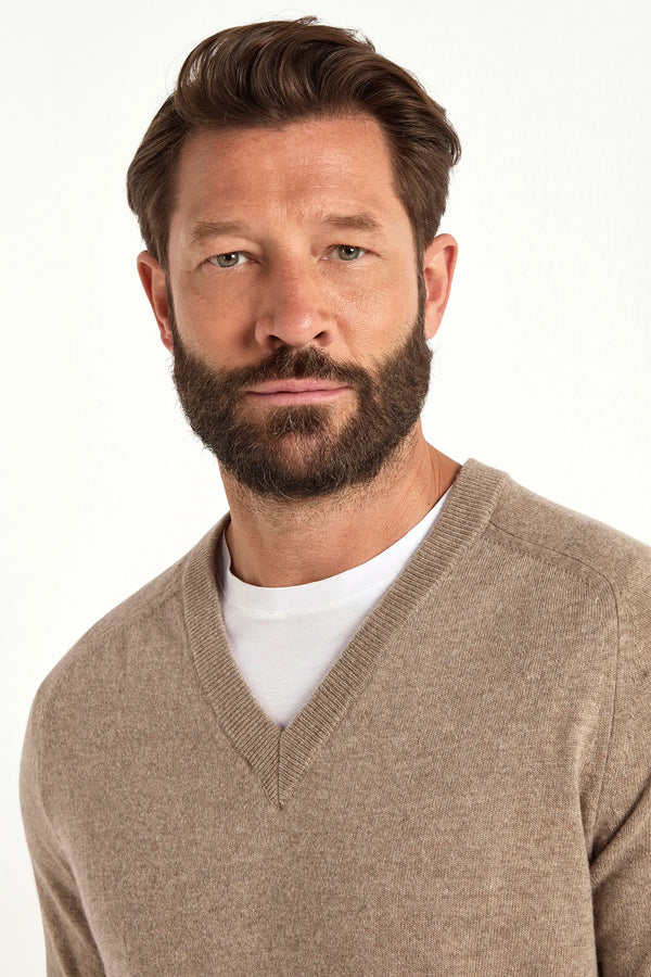 taupe v neck sweater, men's v neck sweater, italian wool sweater, taupe wool v neck, luxury men's sweater, elegant men's sweater, refined v neck sweater, tailored taupe sweater, premium italian sweater, sophisticated men's knitwear, timeless italian sweater, upscale men's sweater, classic taupe v neck, italian craftsmanship sweater, premium men's wool sweater, refined italian v neck sweater