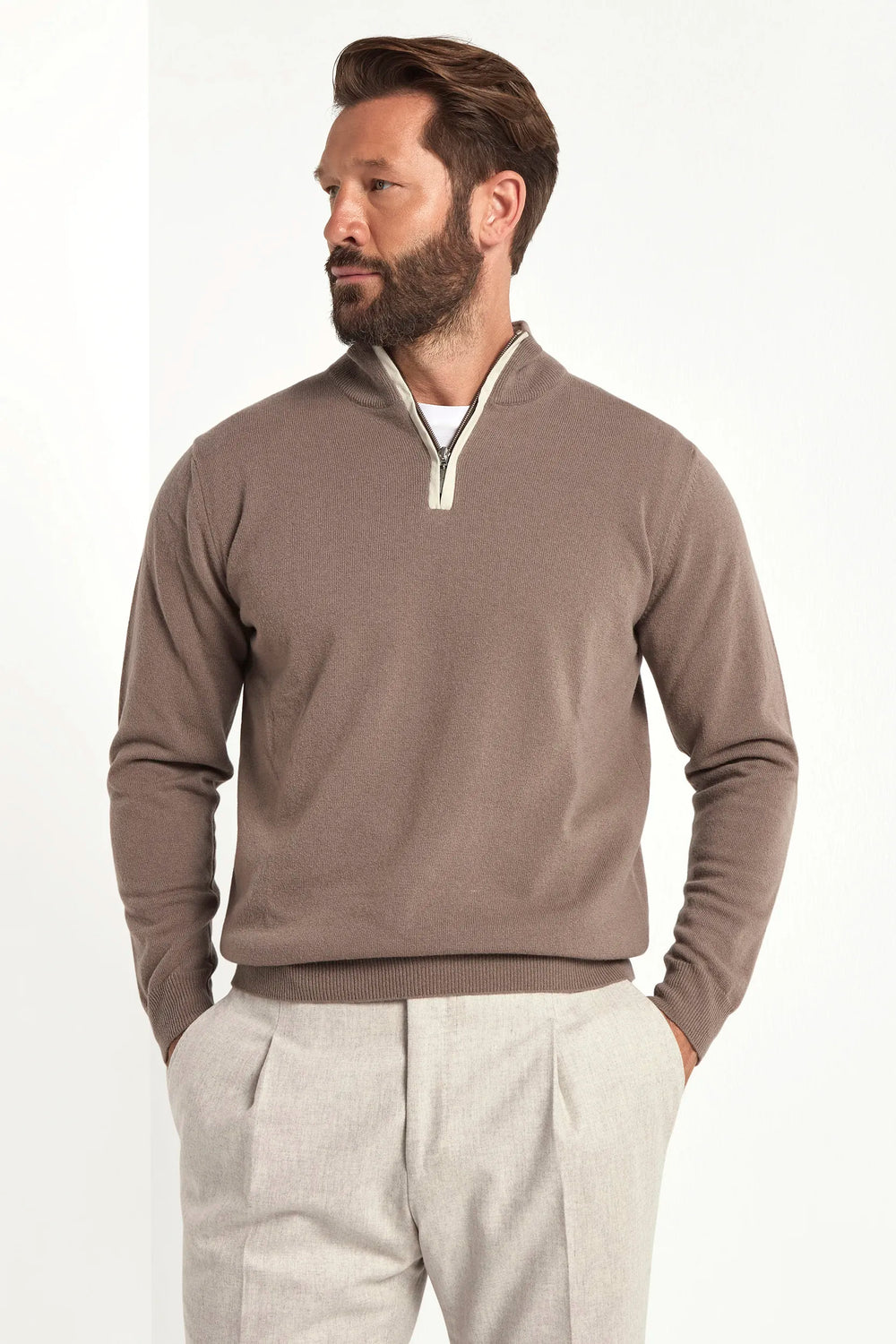 taupe half zip sweater, men's cashmere half zip, italian wool half zip, taupe zip sweater, luxury men's half zip, elegant men's knitwear, refined wool half zip, tailored taupe half zip, premium italian half zip, sophisticated men's zip sweater, timeless italian knitwear, upscale men's half zip, classic taupe sweater, italian craftsmanship knitwear, premium men's cashmere zip, refined italian half zip
