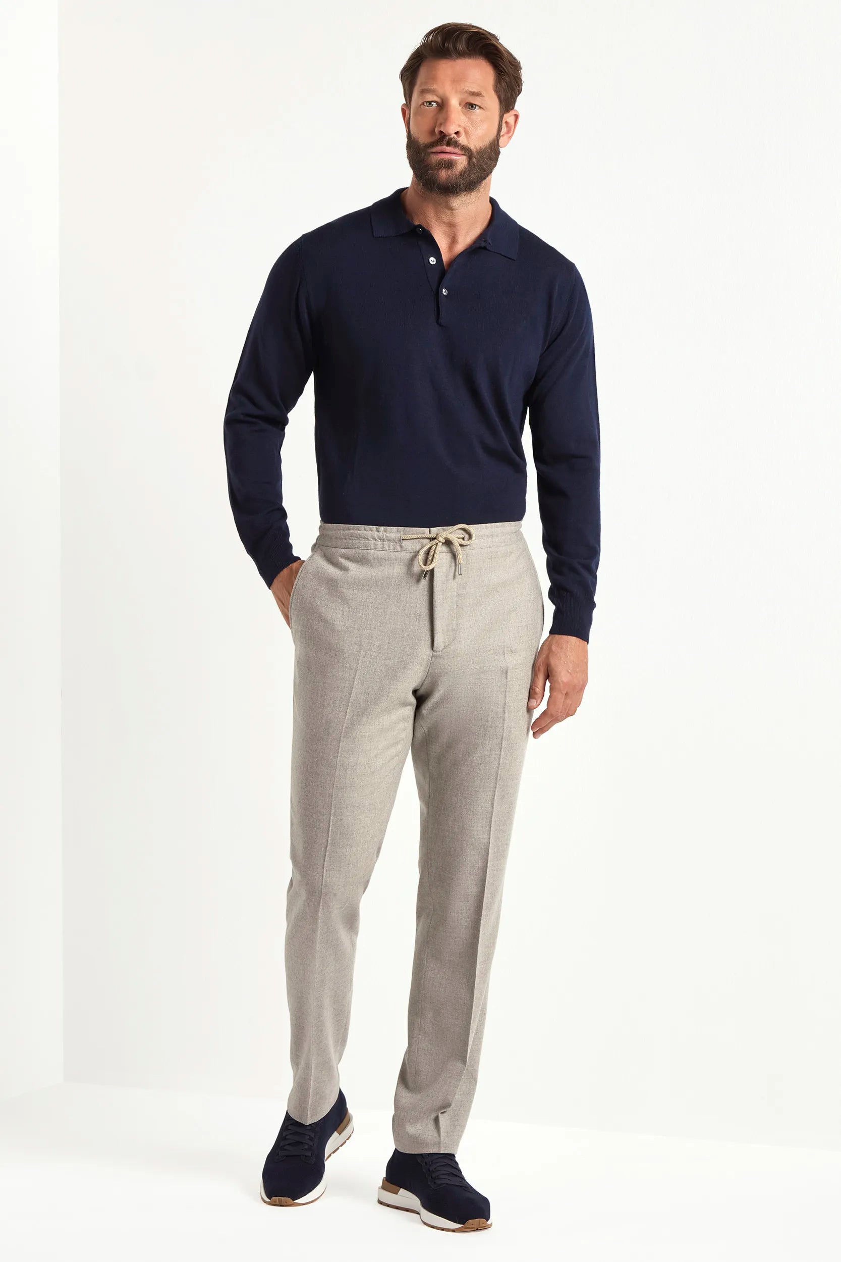 beige flannel drawstring trousers, italian style, made in italy, wool flannel trousers, luxury casual trousers, elegant drawstring pants, tailored flannel trousers, premium italian trousers, versatile wool trousers, refined menswear trousers, winter drawstring trousers, soft flannel trousers, relaxed fit wool trousers, upscale casual trousers, italian craftsmanship trousers, polished drawstring trousers, classic beige flannel trousers, sophisticated winter trousers, comfortable wool trousers, timeless itali