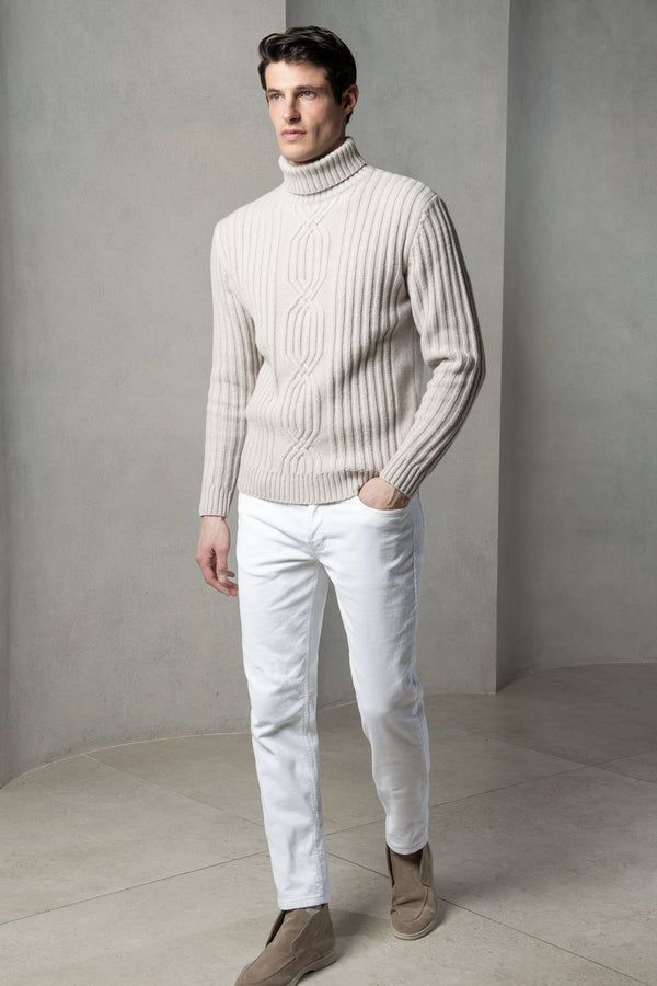 Col roulé en laine et cachemire jacquard beige – Made in Italy