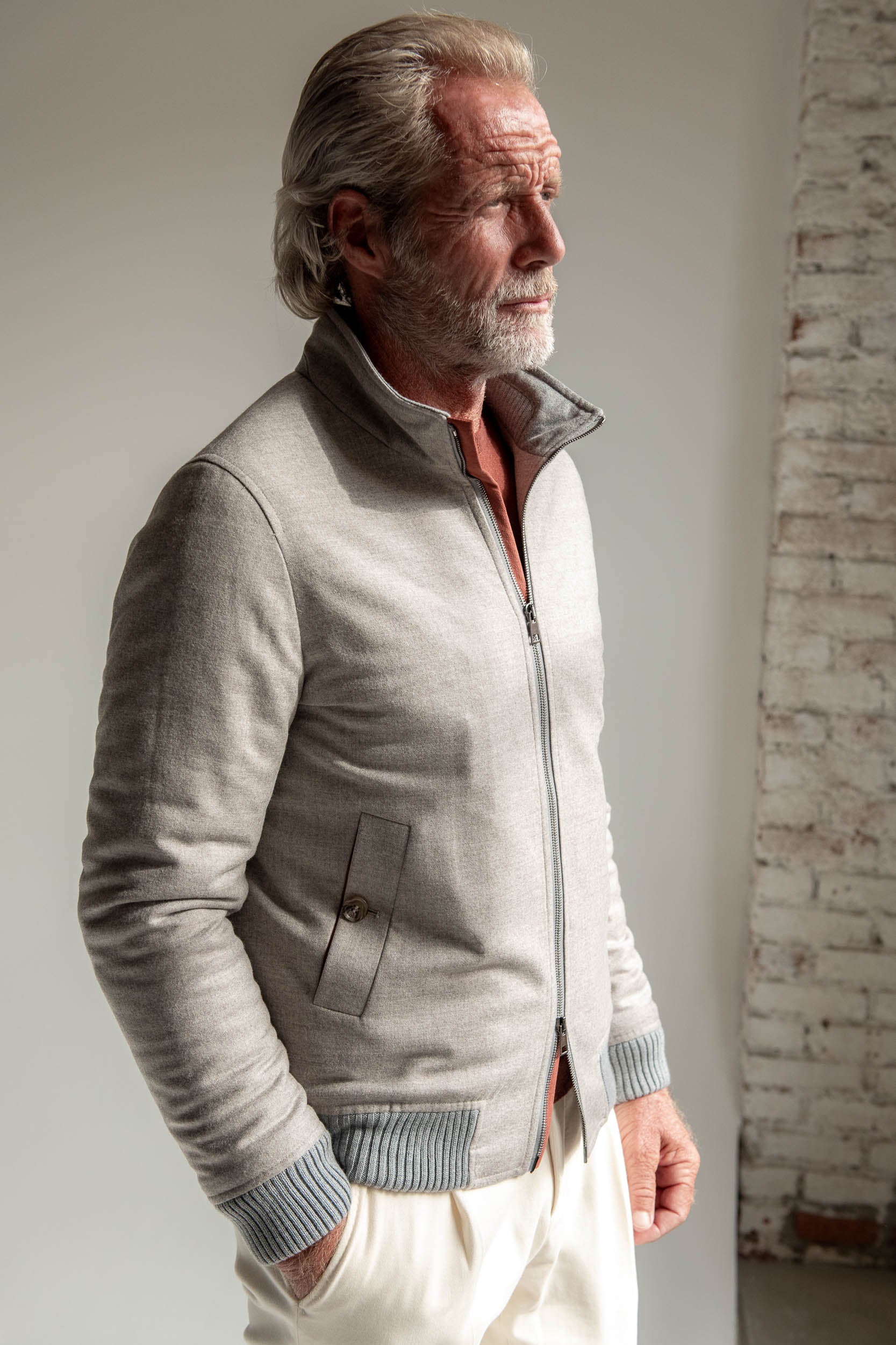 Taupe down bomber in Loro Piana wool with Rain System®– Made in Italy