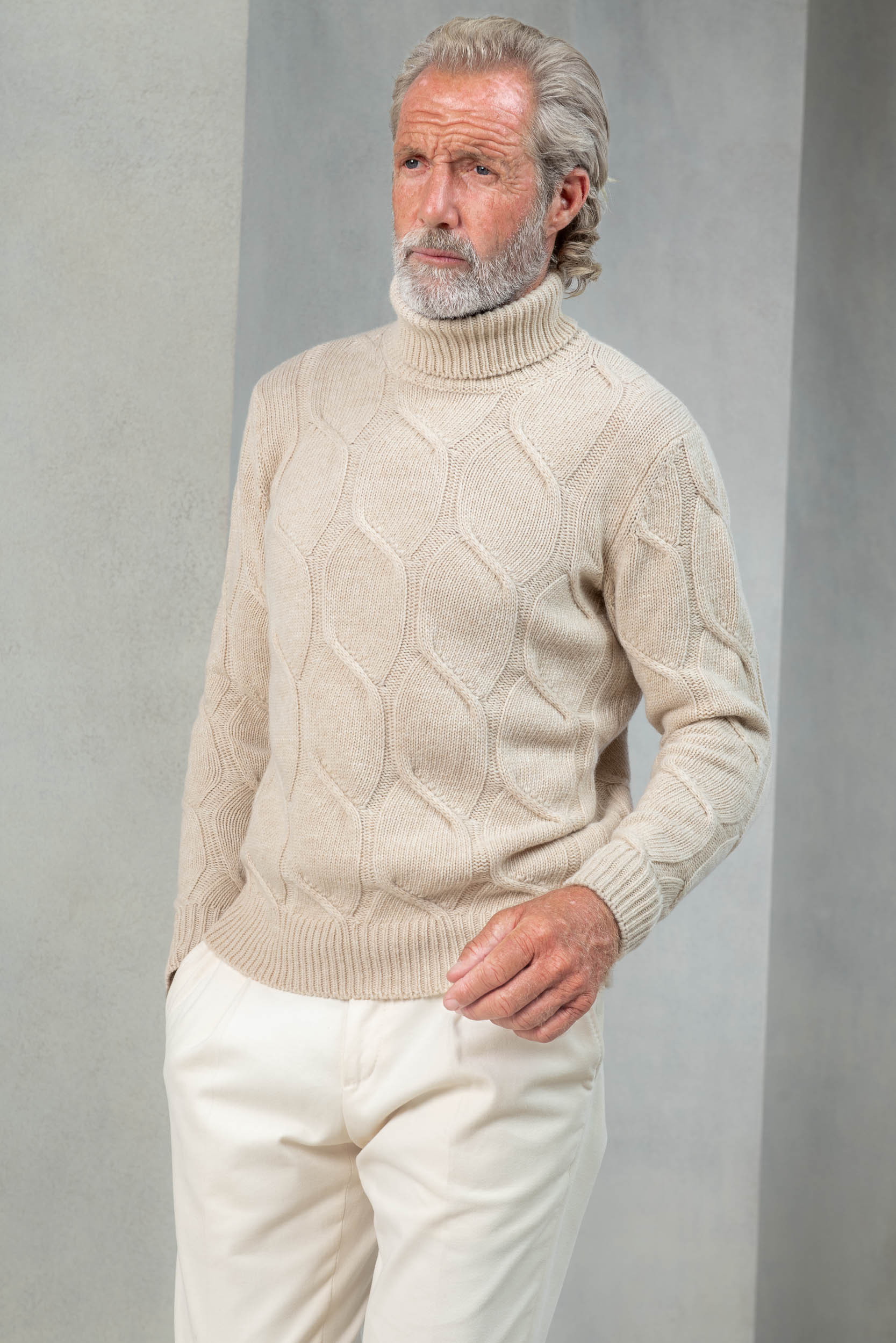 Beige jacquard pattern cashmere blend turtleneck, Made in Italy