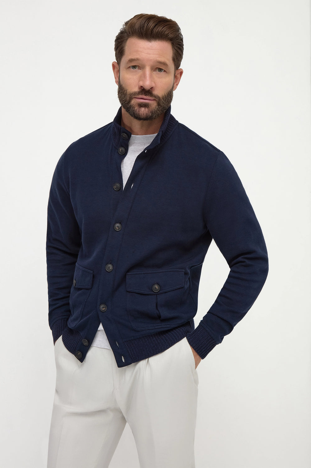 Bomber blu in cotone lavorato a maglia – Made in Italy