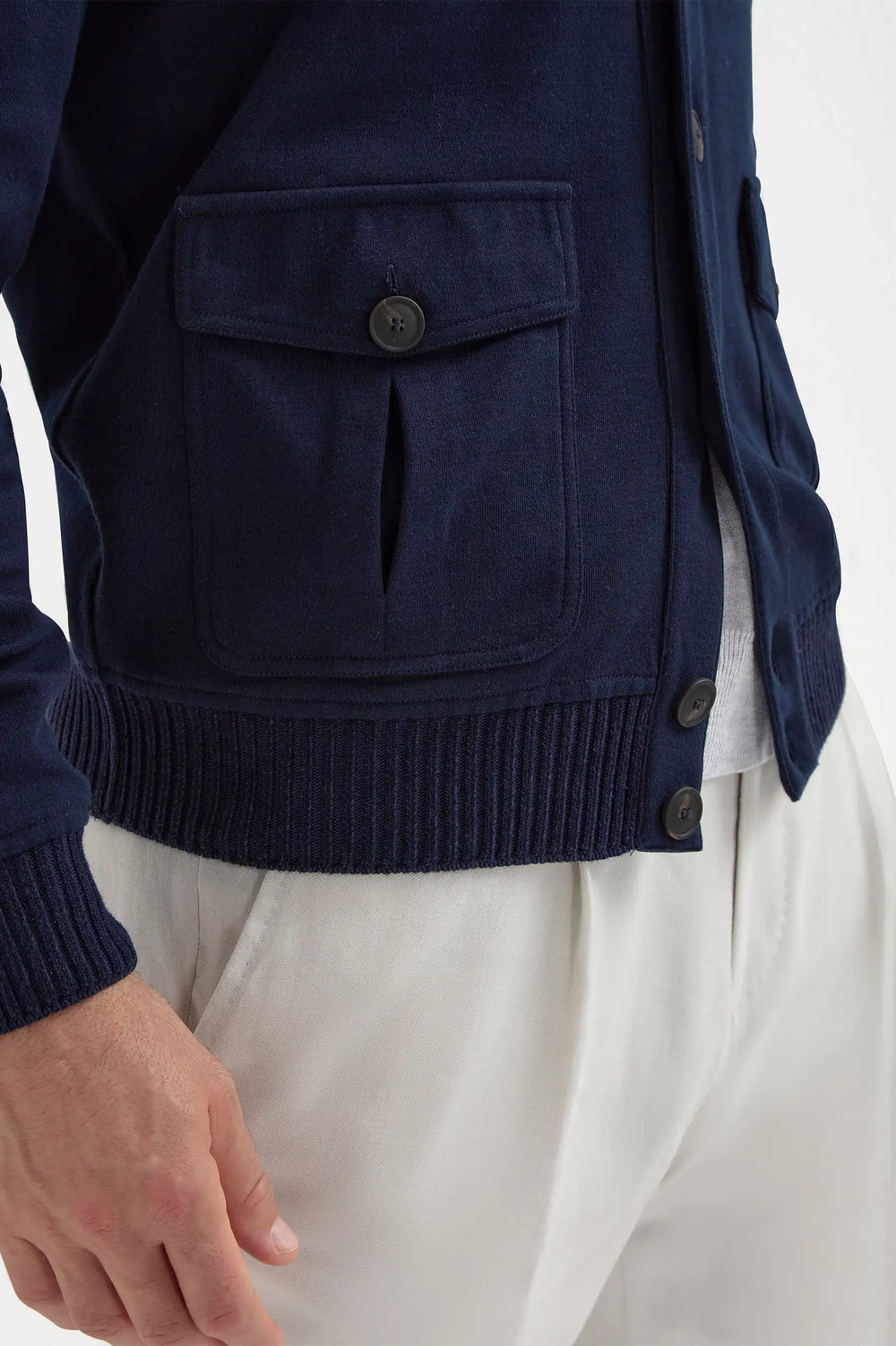 Bomber blu in cotone lavorato a maglia – Made in Italy