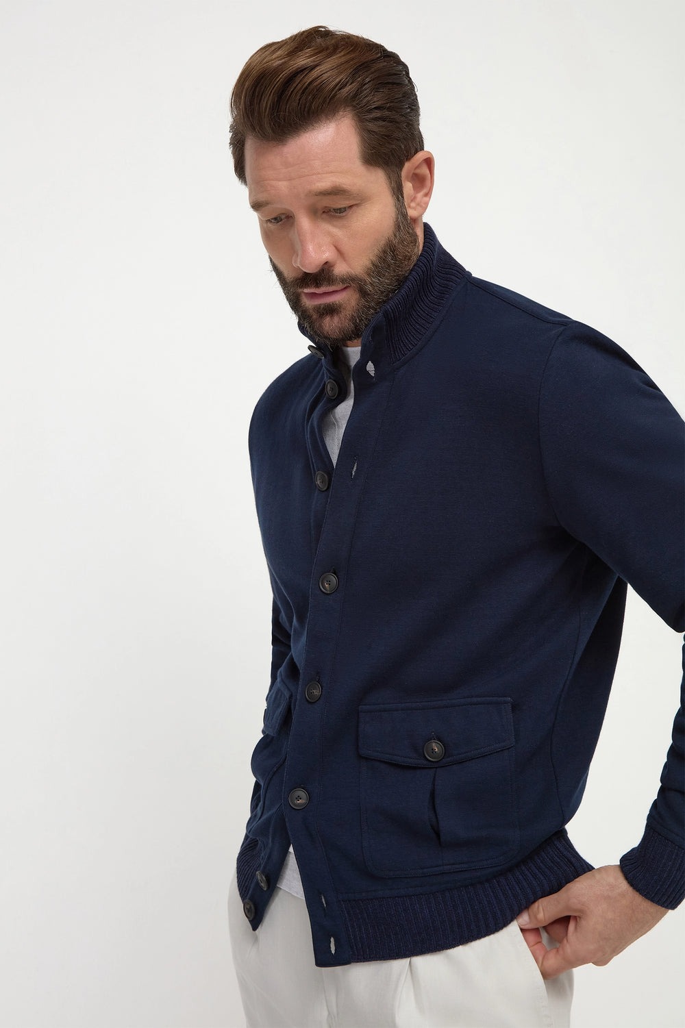 Bomber blu in cotone lavorato a maglia – Made in Italy