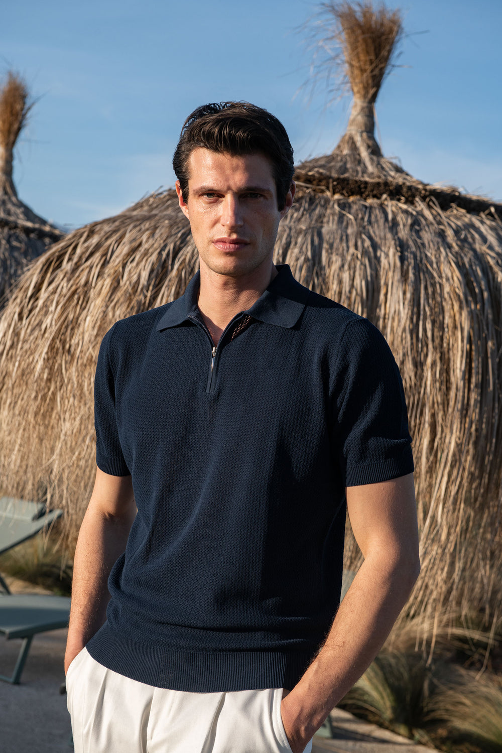 Blue cotton polo zip, polo with zip, blue polo with zip, textured cotton polo with zip, Polo blu in cotone con zip, polo con zip, polo blu con zip, polo in cotone testurizzato con zip, Polo bleu en coton avec fermeture éclair, polo avec fermeture éclair, polo bleu avec fermeture éclair, polo en coton texturé avec fermeture éclair,