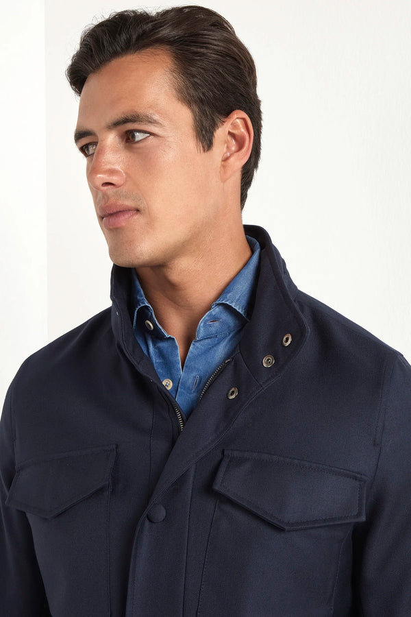 blue field jacket, men's field jacket, italian field jacket, blue cotton jacket, luxury men's jacket, elegant men's outerwear, refined field jacket, tailored blue jacket, premium italian jacket, sophisticated men's jacket, timeless italian outerwear, upscale men's field jacket, classic blue jacket, italian craftsmanship jacket, premium men's field jacket, refined italian jacket