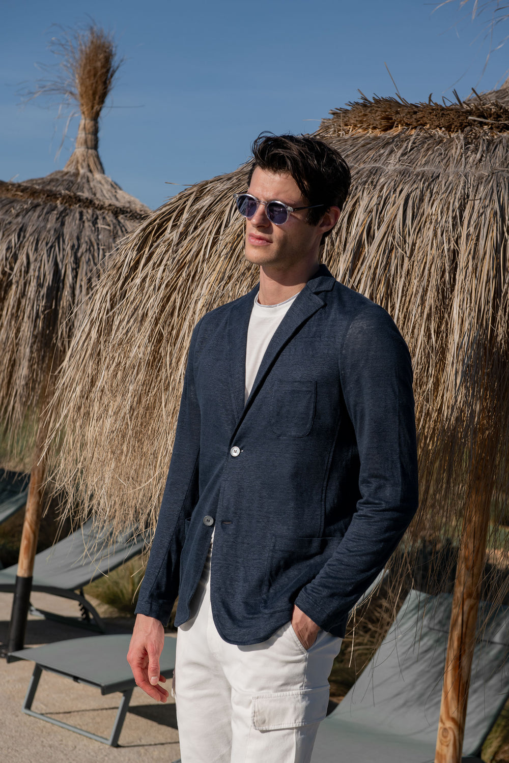 Giacca in lino blu lavorata a maglia - Made in Italy