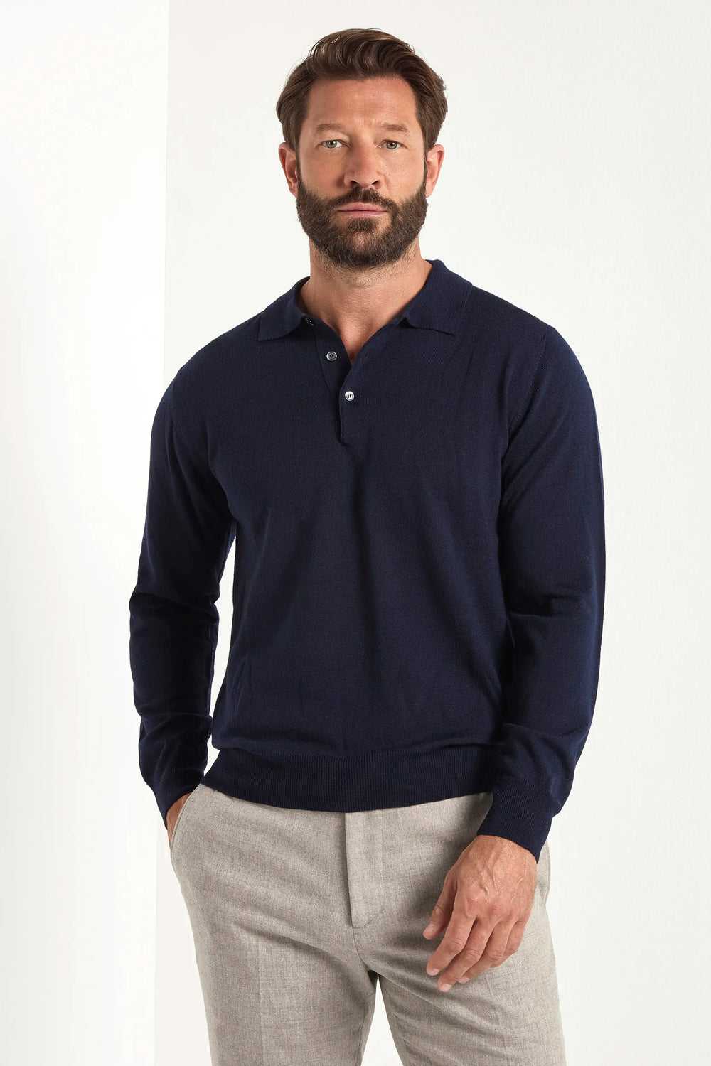 blue merino wool polo, italian style, made in italy, lightweight merino polo, 100% merino wool polo, luxury knit polo, elegant merino shirt, refined menswear polo, premium italian knitwear, smart casual polo, versatile layering polo, fine merino polo, tailored merino polo, breathable wool polo, soft merino knit polo, upscale polo shirt, italian craftsmanship polo, polished knit polo, classic blue merino polo, timeless italian knit